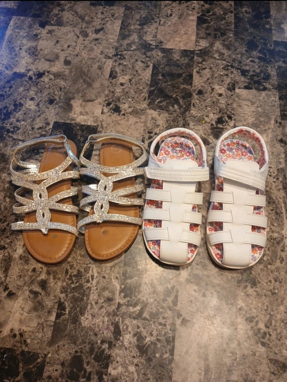 Kids Silver Rhinestone Sandals and White Floral-Trim Fisherman Shoes